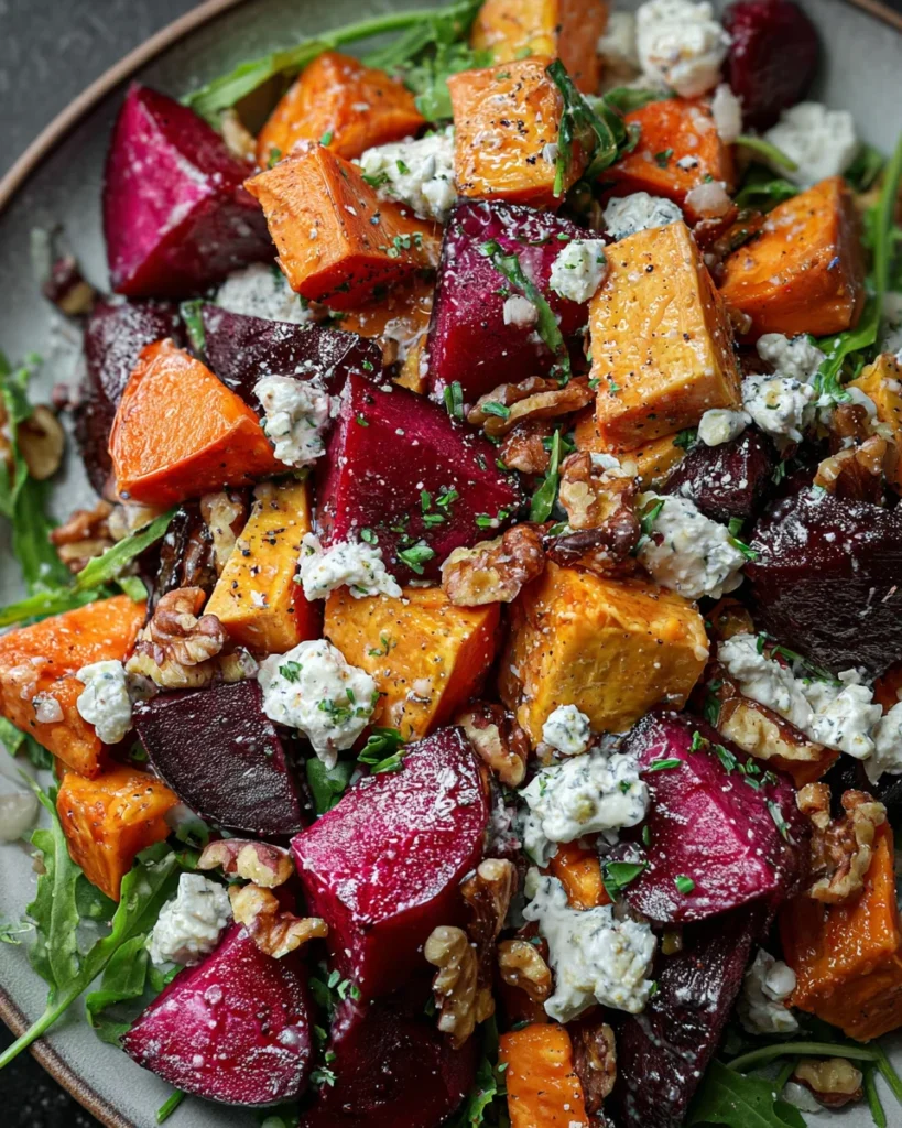 Creamy Roasted Beet Salad with Sweet Potato & Feta