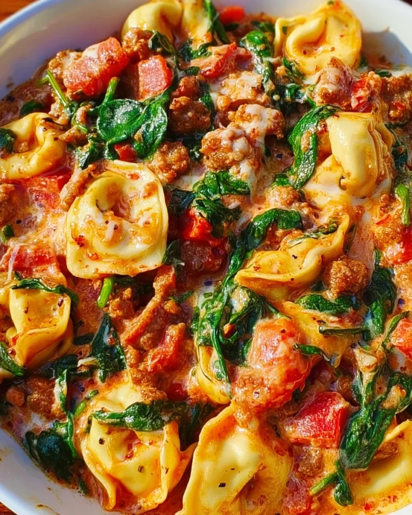 Creamy Sausage Tortellini with Spinach, Tomatoes and Mozzarella cheese sauce