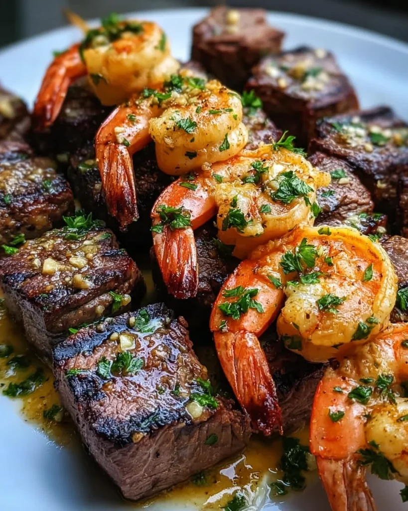Grilled Steak and Shrimp Skewers with Garlic Butter