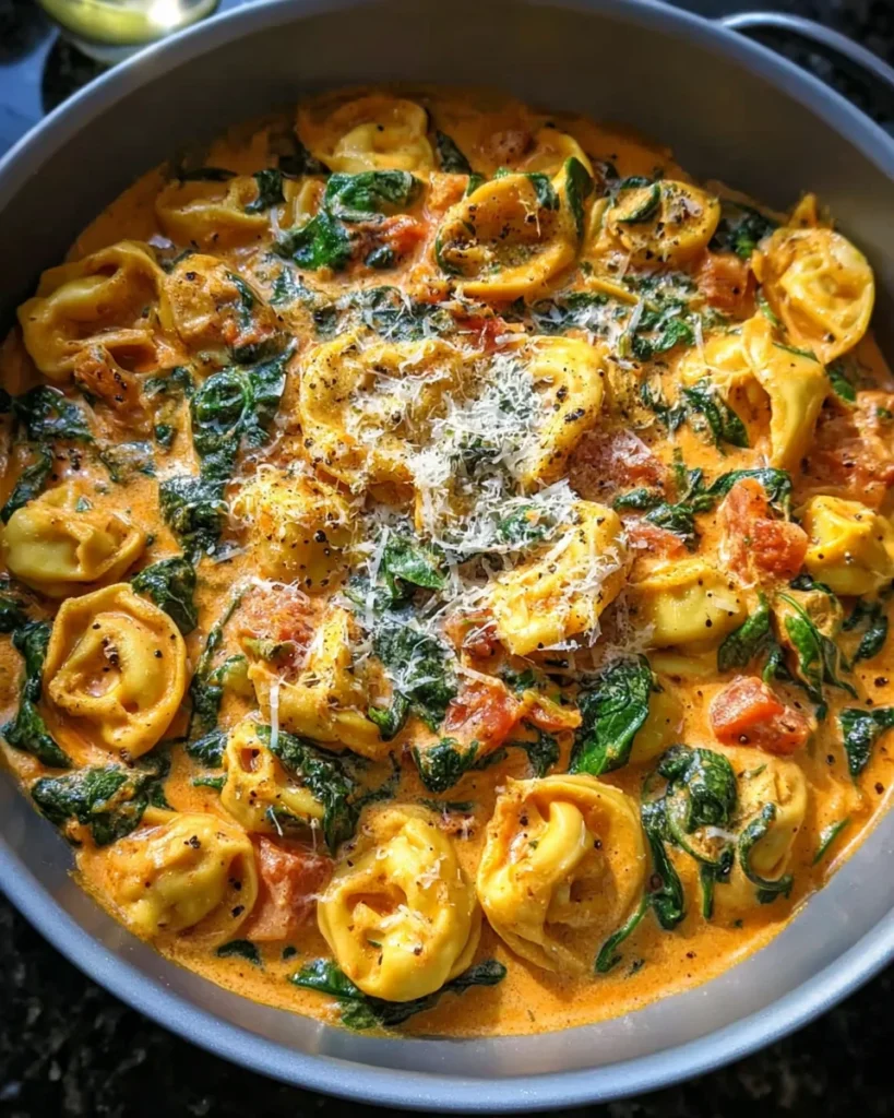 One Pot Creamy Spinach Tomato Tortellini