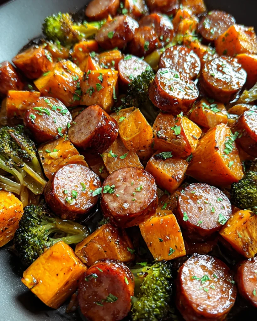 Sheet Pan Sausage and Sweet Potatoes with Honey Garlic Sauce