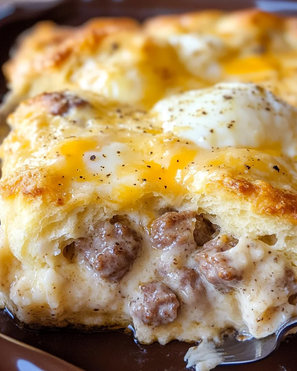 Biscuits and Gravy Casserole with Sausage and Eggs