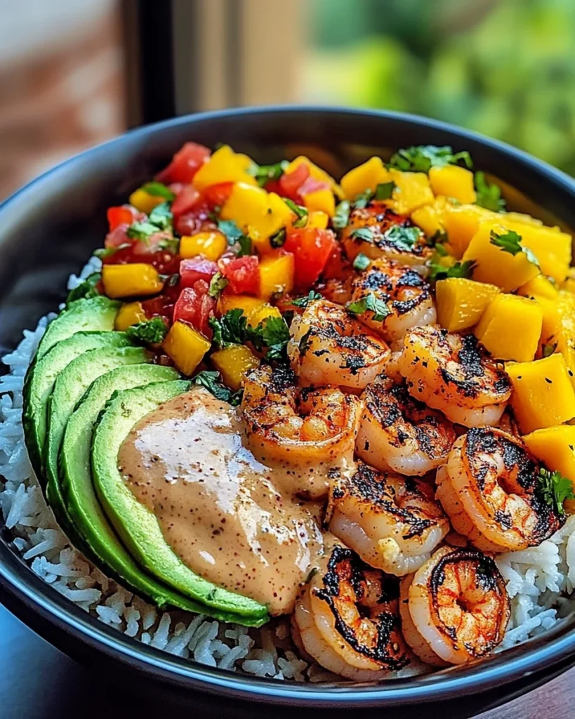 Shrimp and Avocado Bowls with Mango Salsa & Lime-Chili Sauce
