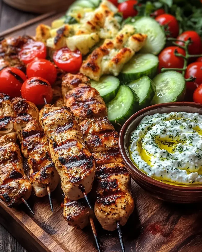 Greek Chicken Souvlaki Grazing Board with Feta Dip – A Mediterranean Feast to Share